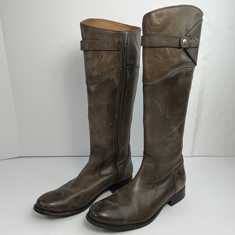 Frye Womens Brown Button Tall Distressed Zip Leather Boot Size 8.5B 3470638-SMK